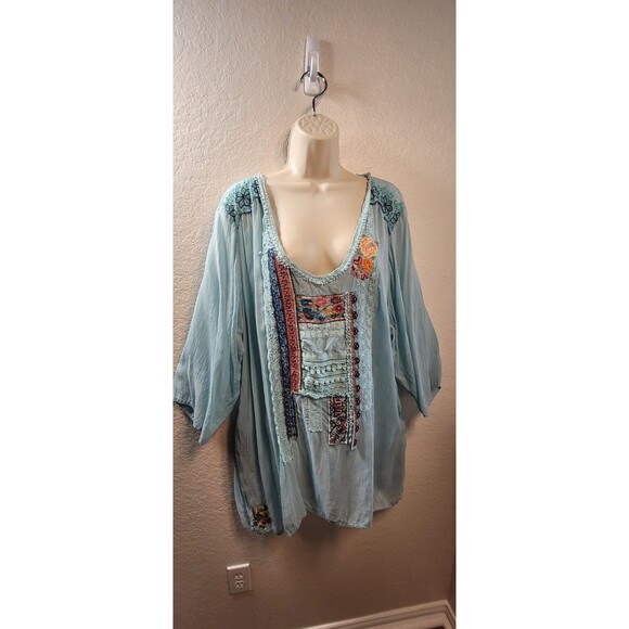 JOHNNY WAS 3x LIGHT BLUE Tunic - Embroidered Cupra - 3/4 sleeve Shirt Blouse Top - Picture 2 of 12